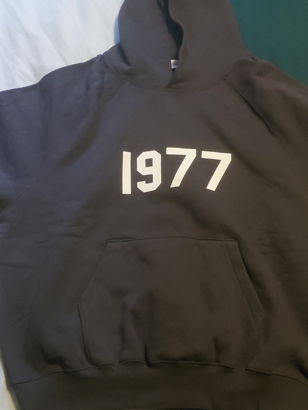 Essentials Black Hoodie with White 1977 Graphic - Men